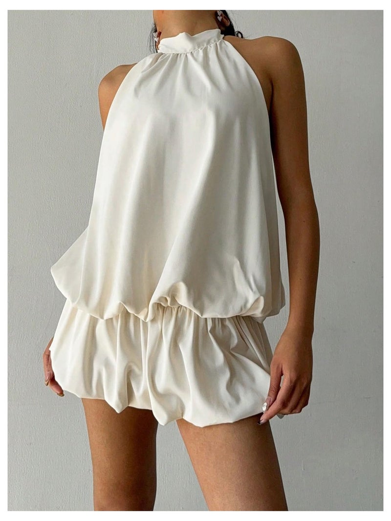 SweatyRocks Women's Y2k Backless Ruffle Bubble Going Out Self Tie Halter Mini Dress Apricot Medium - Image 4