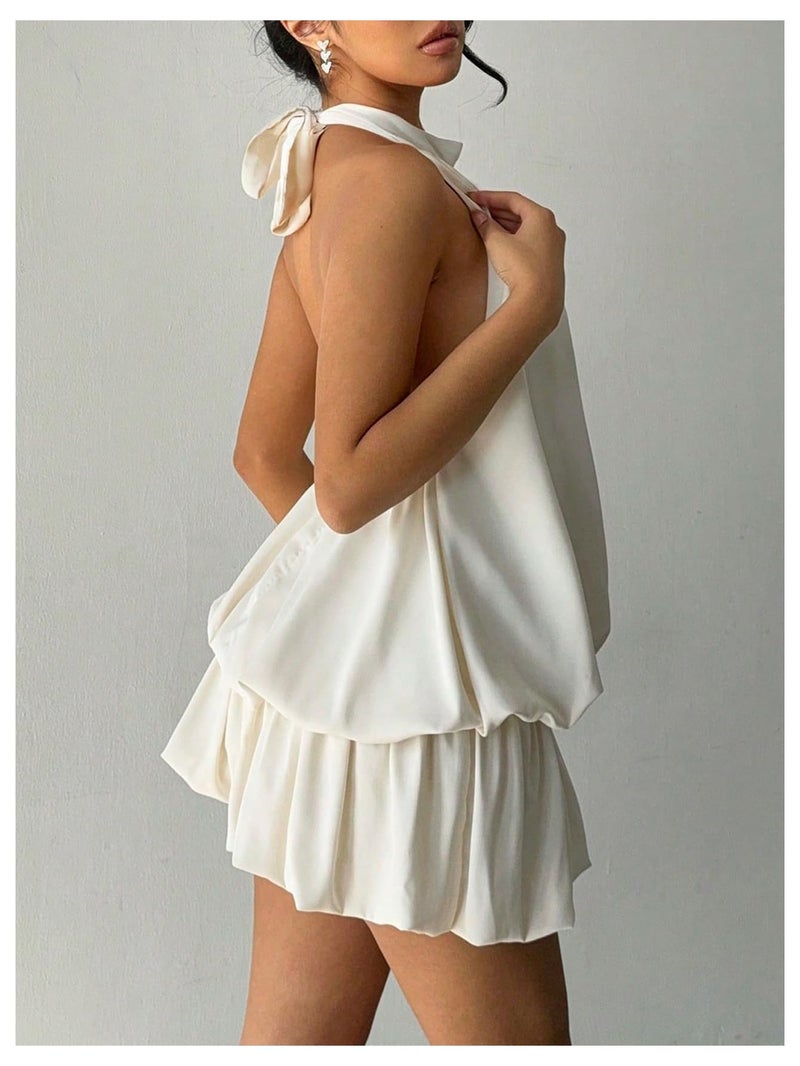 SweatyRocks Women's Y2k Backless Ruffle Bubble Going Out Self Tie Halter Mini Dress Apricot Medium - Image 3