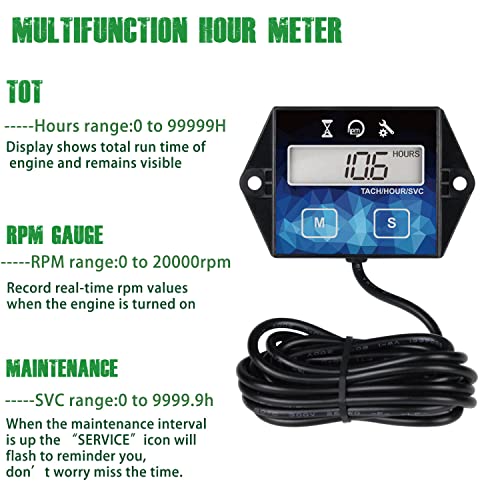 Yooreal Digital Small Engine Tachometer Hour Meter,Resettable Hours,Replaceable Battery for Lawn Mower Generator Chainsaw Outboard Motor Snowblower Jet Ski Dirt Bike - Image 2