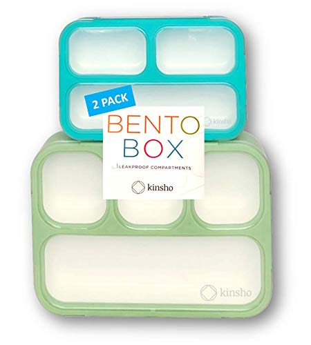 kinsho Leakproof Bento-Box Lunch-Boxes for Women, Kids. Large Green 4 Compartments and Mini Blue 3 Compartment Containers for Lunches Snacks School Travel, 2 pack set - Image 1