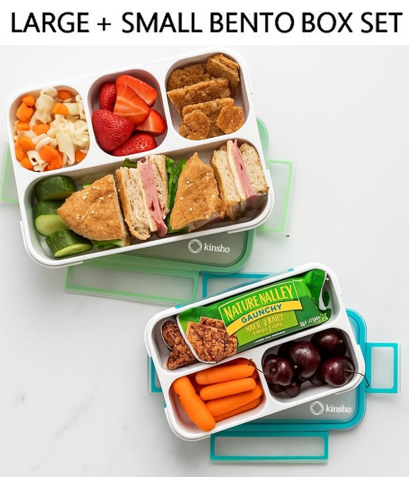 kinsho Leakproof Bento-Box Lunch-Boxes for Women, Kids. Large Green 4 Compartments and Mini Blue 3 Compartment Containers for Lunches Snacks School Travel, 2 pack set - Image 3