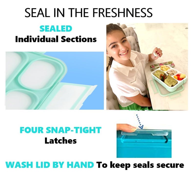 kinsho Leakproof Bento-Box Lunch-Boxes for Women, Kids. Large Green 4 Compartments and Mini Blue 3 Compartment Containers for Lunches Snacks School Travel, 2 pack set - Image 4