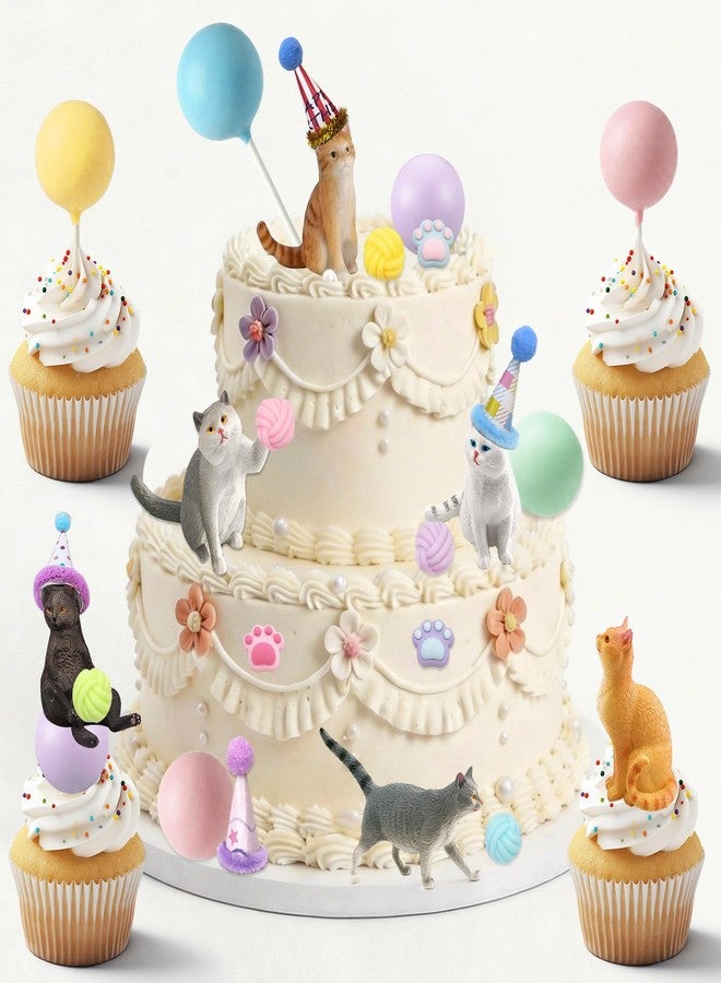 LEFUBABY 28Pcs Cat Cake Decorations, Cat Cake Toppers with Mini Hats, Animal Figure for Cat Themed Birthday Party, Pet Cake Supplies for Cat Lovers - Image 2