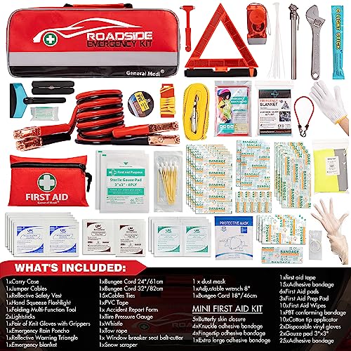 General Medi 127-Pieces Roadside Car Emergency Kit Include Mini First Aid Kit, Jumper Cables,Tow Rope, Bandage, Safety Vest, Emergency Triangle, All in One Pack - Image 2