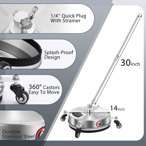 Dalmbox 14" Pressure Washer Surface Cleaner with 4 Wheels, 1/4" Quick Plug, Stainless Steel Housing, 4000 PSI, Pressure Washer Surface Cleaner Attachment for Patio, Courtyard, Concrete, Sidewalks - Image 5