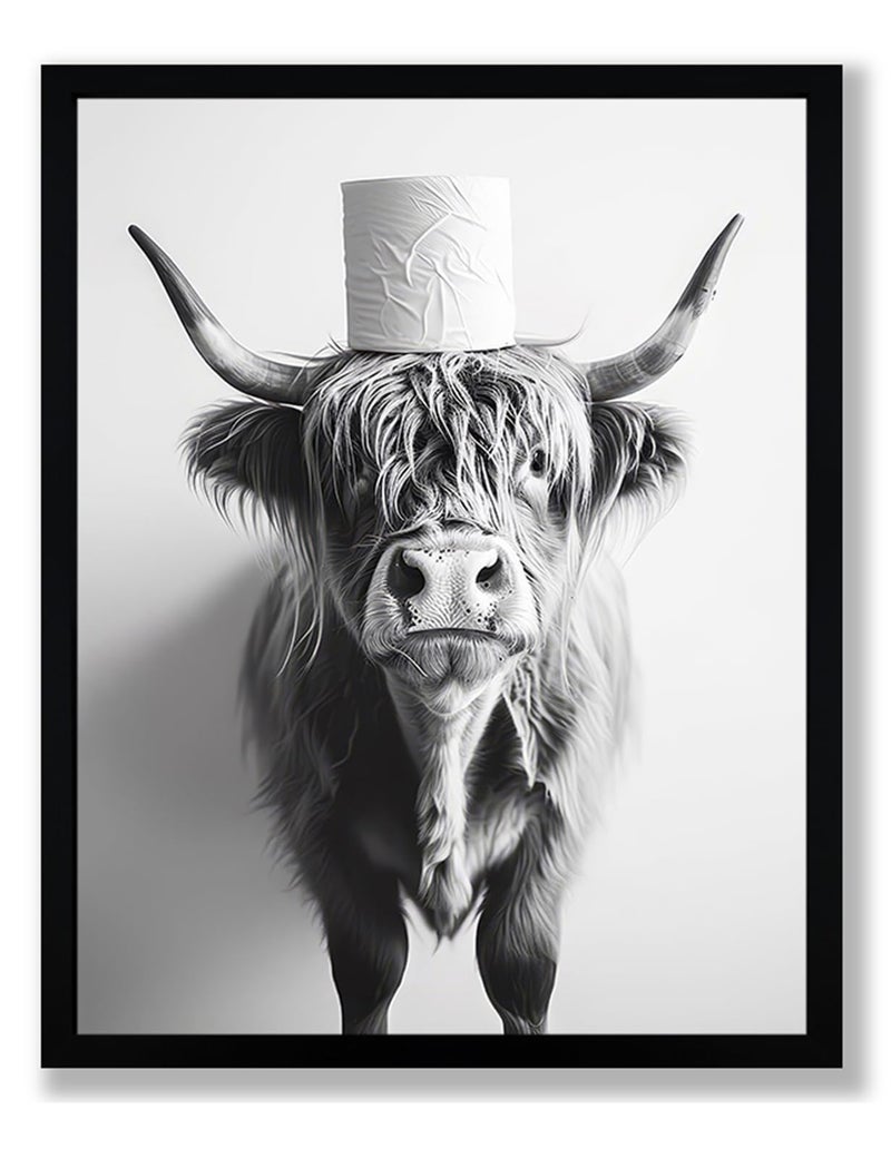 FYLDPSB Framed Black and White Bathroom Canvas Wall Art, Funny Highland Cow with Whimsical Toilet Paper Roll Accent Art Wall Decor, Modern Humor Animal Art Posters Prints Ready to Hang 8x10 Inches - Image 1
