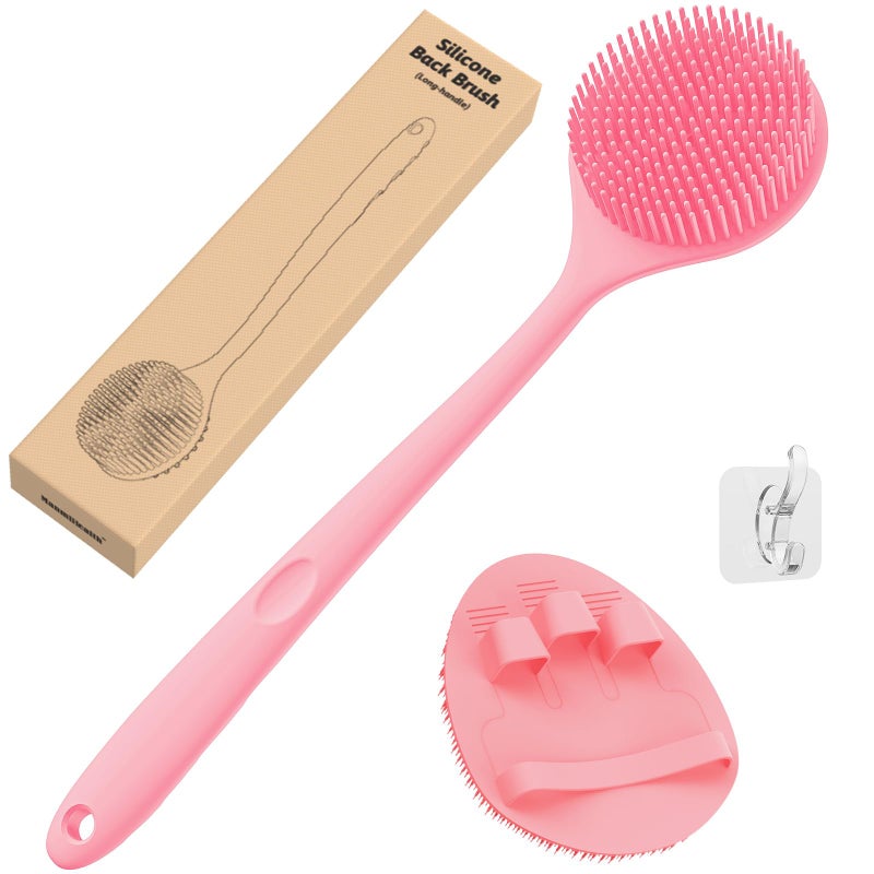 Manmihealth Silicone Back Scrubber(Thin Bristles) & Soft Bath Brushes Set, Super-Cleaning Body Scrubber & Super-Lathering Soft Bath Glove Combination, with a Free Hook.(Pink) - Image 1