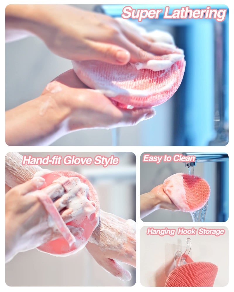 Manmihealth Silicone Back Scrubber(Thin Bristles) & Soft Bath Brushes Set, Super-Cleaning Body Scrubber & Super-Lathering Soft Bath Glove Combination, with a Free Hook.(Pink) - Image 4