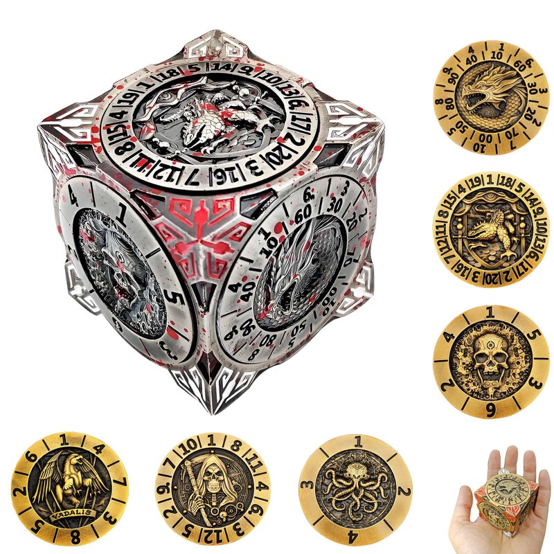 FLUEFOWL DND Spinner Dice Metal Dice Set with 3D Relief for DND Gifts Polyhedral Roleplaying Game Dice Fantasy DD Tabletop RPG Accessories for DM Player Bloodstains - Image 3