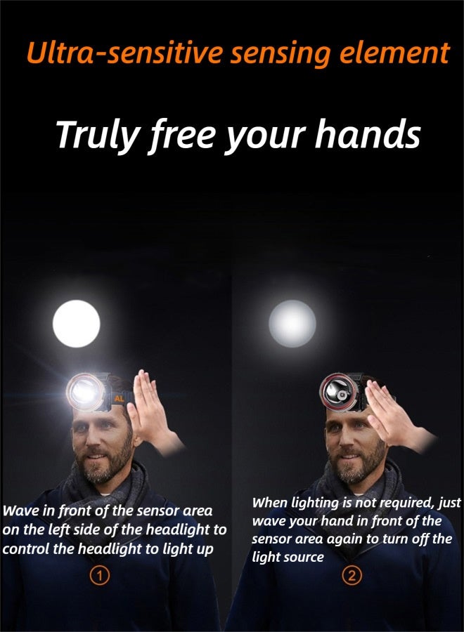 HOOPZOZA مصباح رأس HOOPZOZA الاستشعاري 900 لومن LED 3 أوضاع قابل لإعادة الشحن مقاوم للماء لمصباح الرأس للاستخدام في التخييم والمشي وصيد الأسماك والإنقاذ - Image 5