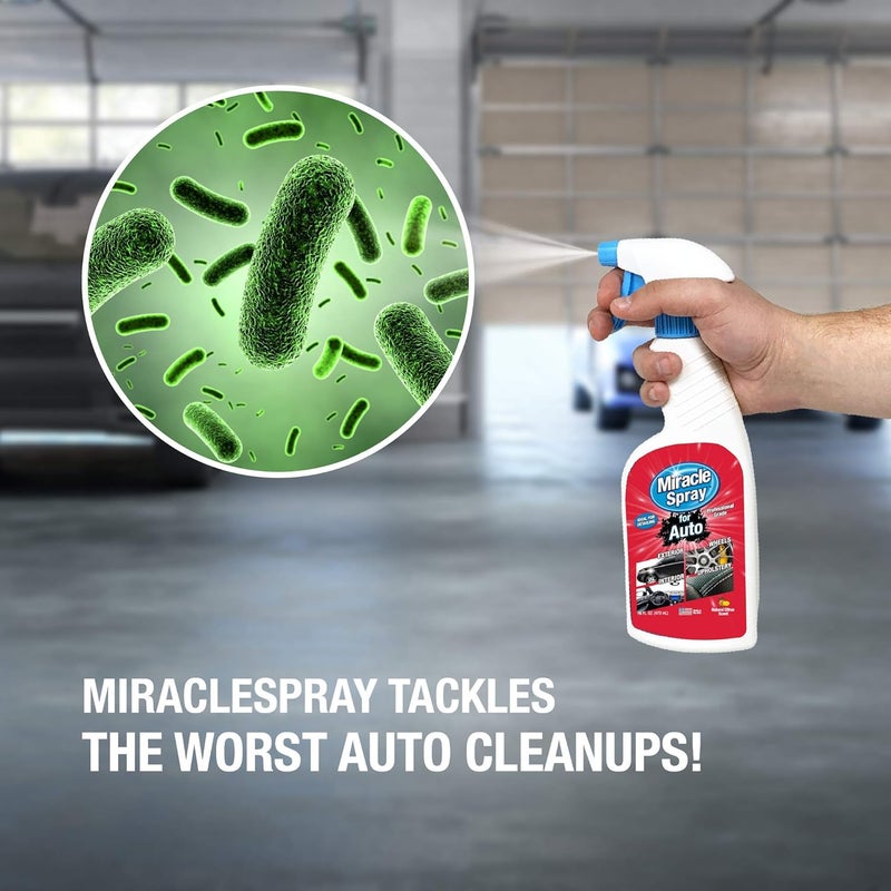 Miracle Brands MiracleSpray للسيارات – منظف متعدد الاستخدامات فائق الكفاءة لتنظيف الداخل والخارج من السيارة بدقة – سهل الاستخدام على أقمشة الأثاث، الجلد، البلاستيك، المطاط، والفينيل – يشتمل على منشفة من القطن الدقيق (عبوة 16 أونصة). - Image 2