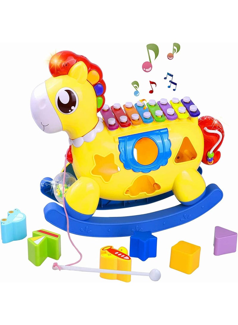 Let your child have fun and learn at the same time with this magical rocking horse!   - Colorful xylophone piano to boost hearing and creativity   - Shape sorting games to improve focus and hand-eye coordination   - Safe rocking horse for movement and balance   - Rotating balls and colorful beads to develop fine motor skills   - Bright, child-safe colors   - Enhances intelligence, sensory skills, and attention span   - Suitable for kids 1 year and up – a perfect gift for boys and girls! - Image 1