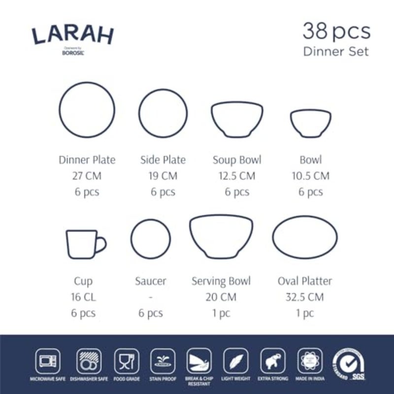 LARAH PLANO OPAL DINNER SET LUNA, 38DSPL01-SB, 38 قطعة مجموعة 6 × طبق عشاء، 6 × طبق جانبي، 6 × وعاء حساء، 6 × وعاء، 6 × كوب، 6 × صحن، 1 × وعاء تقديم، 1 × طبق بيضاوي - Image 3