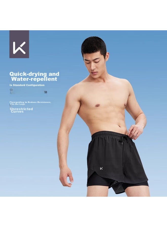 Keep Men's Swim Trunks, Anti-embarrassment Hot Spring Swimwear, Double-layered Knee-length, Plus Size Beach Shorts, Swimming Gear, Black, Xxxl - Image 1