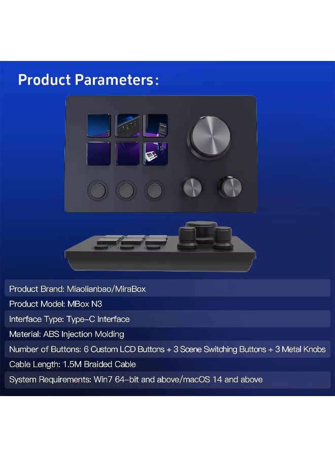 MiraBox N3 Stream Controller Deck V3, 6 Customizable LCD Keys, 3 Rotary Dials, 3 Tactile Buttons, Programmable Macro Control Pad for Live Streaming, Gaming, Audio Mixing, Content Creation, OBS, Twitch, YouTube, Windows & Mac - Image 4
