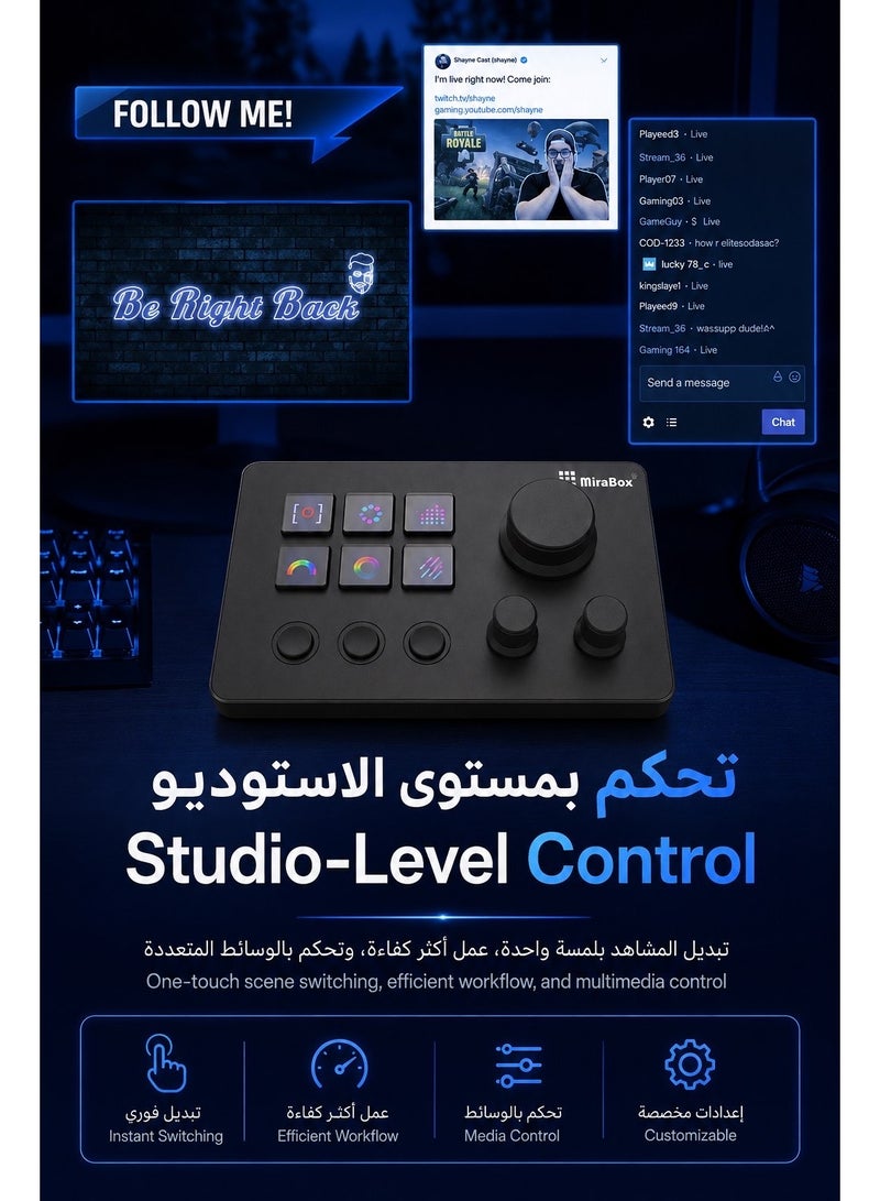 MiraBox N3 Stream Controller Deck V3, 6 Customizable LCD Keys, 3 Rotary Dials, 3 Tactile Buttons, Programmable Macro Control Pad for Live Streaming, Gaming, Audio Mixing, Content Creation, OBS, Twitch, YouTube, Windows & Mac - Image 2
