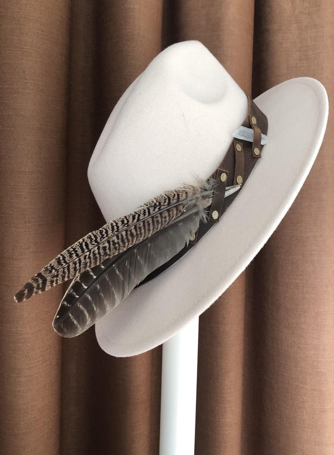 TCOMVEZ Hat Bands for Women Cowboy Hat Band Genuine Leather Fedora Western Hat Band for Men with 2pcs Feather 1pcs Crystal Brown - Image 2