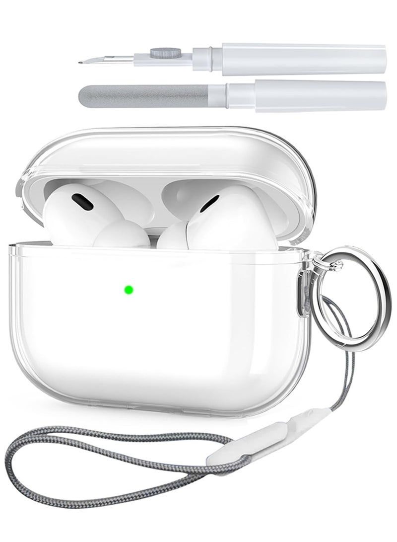 for AirPods Pro 3 Case  Soft TPU Cover, with Carabiner Lanyard Cleaning Kit, Transparent - Image 1