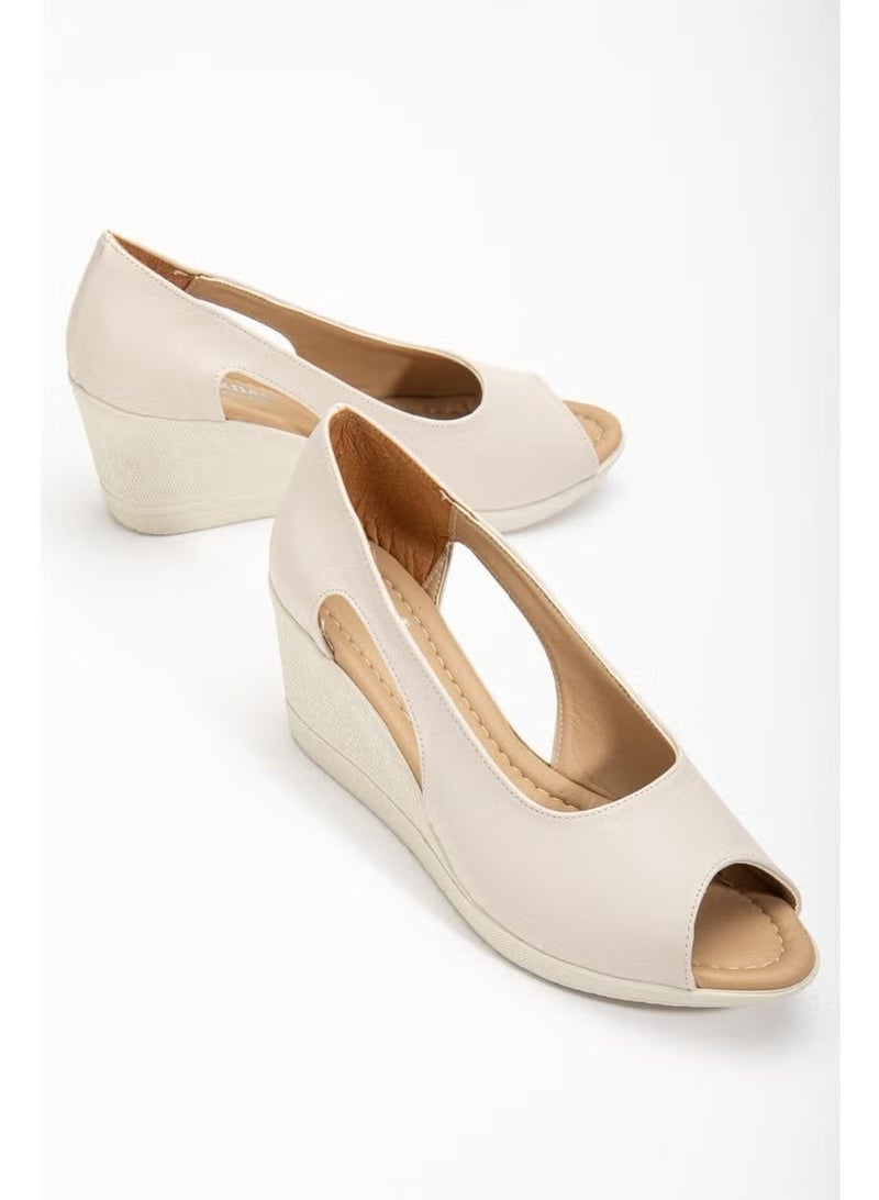 Slices Shoes Wedge Sole Open Toe Orthopedic Artificial Leather Beige Women's Wedge Heel Shoes - Image 3