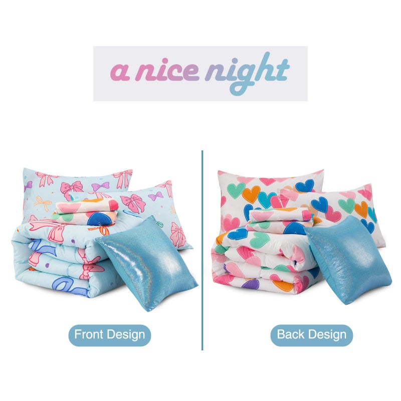 A Nice Night Twin Comforter Set for Girls 6 Piece Bedding Sets Soft Polyester Bed in a Bag with Multi-Color Chic Bows Pattern,Blue Background Room Decor for All Season - Image 4