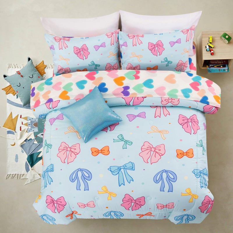A Nice Night Twin Comforter Set for Girls 6 Piece Bedding Sets Soft Polyester Bed in a Bag with Multi-Color Chic Bows Pattern,Blue Background Room Decor for All Season - Image 1