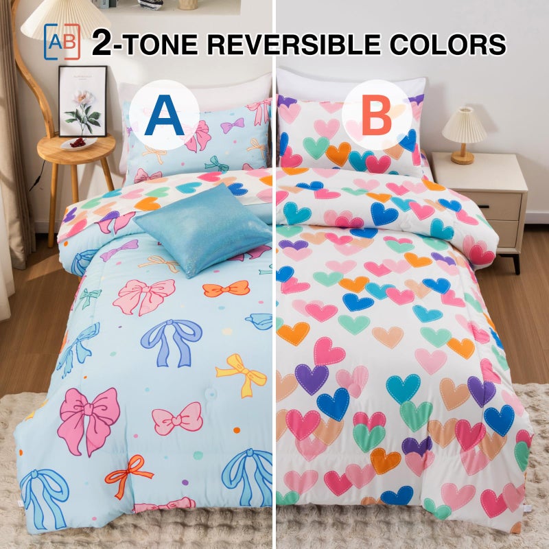 A Nice Night Twin Comforter Set for Girls 6 Piece Bedding Sets Soft Polyester Bed in a Bag with Multi-Color Chic Bows Pattern,Blue Background Room Decor for All Season - Image 2
