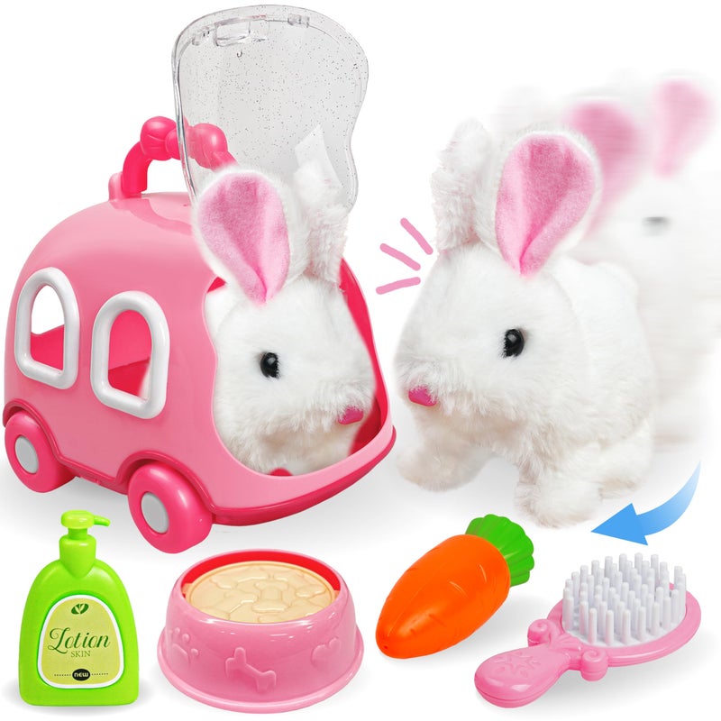 SMILESSKIDDO Hopping Bunny Toys for Girls Electronic Jumping Rabbit with Wiggle Ears Nose Storage Cage and Accessories Interactive Pet Care Pretent Play Toy Gifts for Toddlers 1 2 3 4 5 6 - Image 3