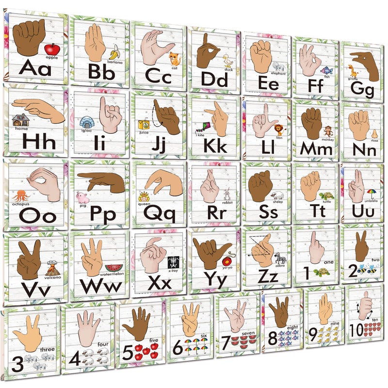 YIYDONG 36 Pieces ASL Alphabet Line Bulletin Board Set ABC Number Sign Language Flash Cards Wall Decorations for Pre-School Kindergarten Elementary Classroom Nursery Homeschool (Farmhouse) - Image 1