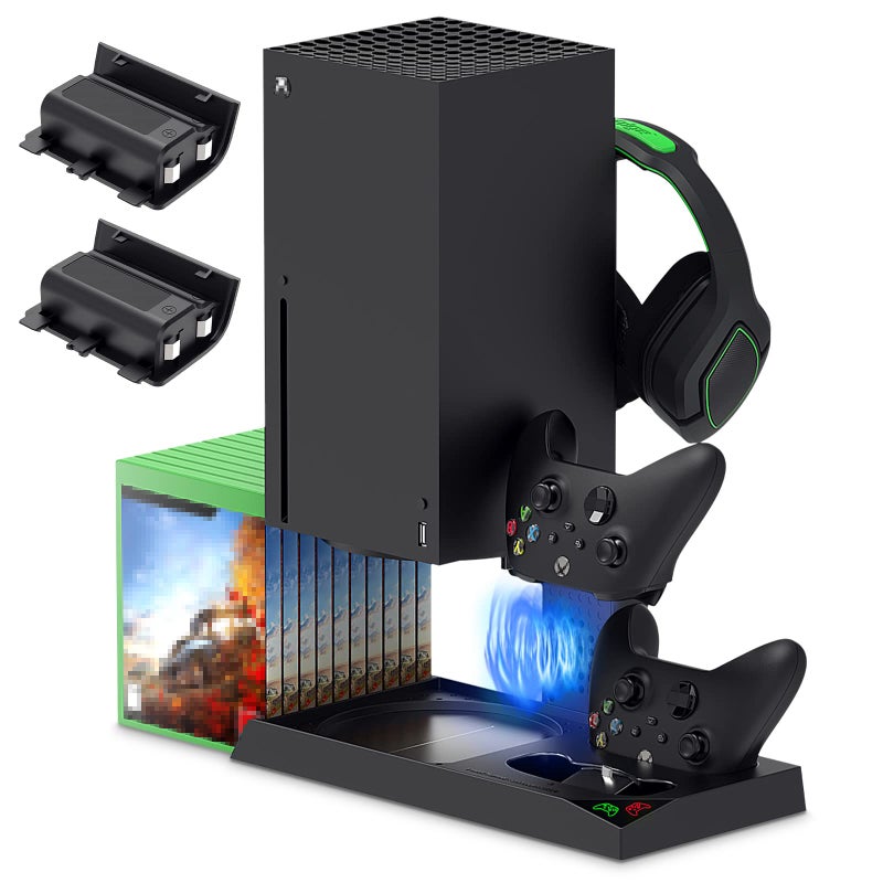FYOUNG Vertical Cooling Stand Compatible with Xbox Series X with Cooling Fan Cooling Station Dock with 10 Game Storage Organizer Controller Headphone Holder 2X1400 mAh Rechargeable Battery Packs