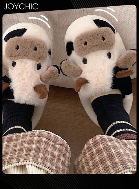 نعال نوم قطنية ناعمة وجميلة بتصميم بقرة، نعال منزلية دافئة من القطيفة للنساء، نعال منزلية أنيقة شتوية