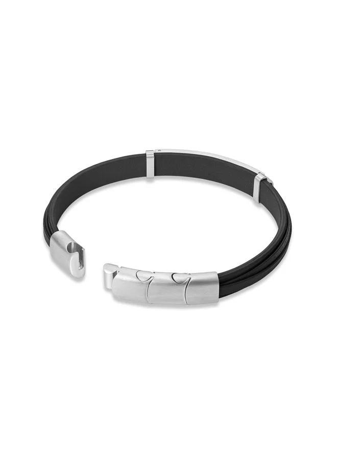 POLICE Looper BraceletDual Layer Crisp Black Leather with Iconic Logo Plaque and Stainless Steel Clip ClosureMen's Fearless Urban  Style