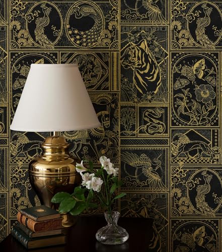 Erfoni Black and Gold Wallpaper Vintage Peel and Stick Wallpaper Special Animals Pattern Contact Paper Stick and Peel Self Adhesive Removable Wall Paper for Countertop Cabinets Covering 78.7"x17.7" - Image 1