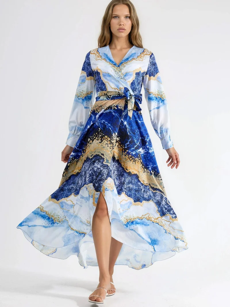 جينيفر Abstract Print Long Sleeve Maxi Dress with Tie Detail