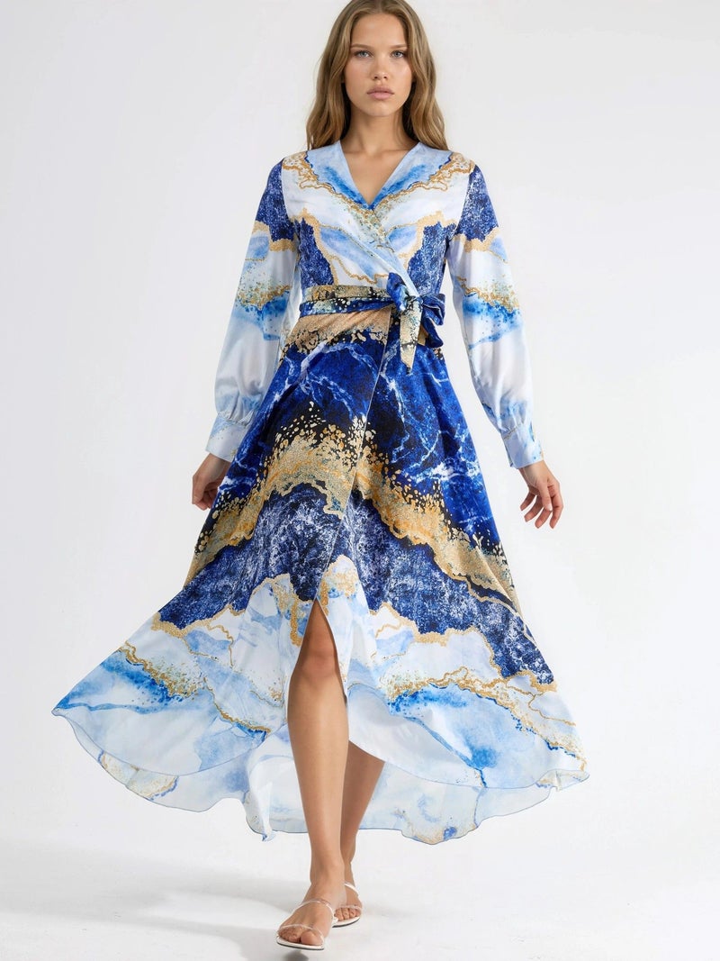 Jennyfer Abstract Print Long Sleeve Maxi Dress with Tie Detail - Image 1