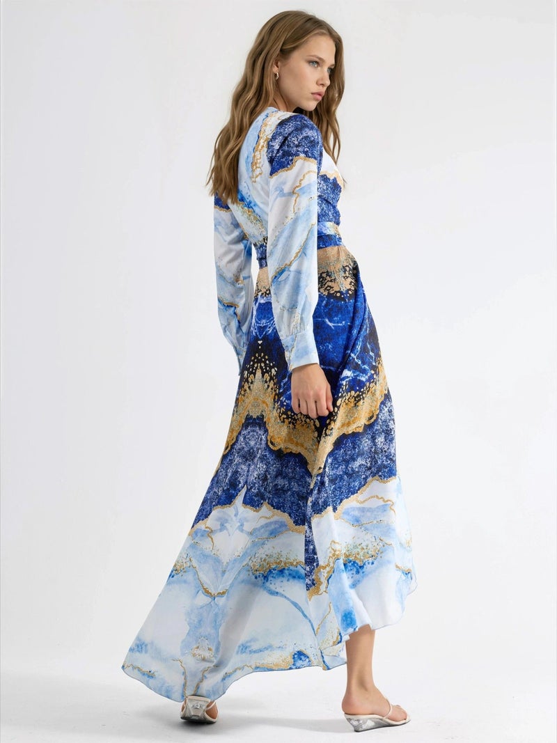 Jennyfer Abstract Print Long Sleeve Maxi Dress with Tie Detail - Image 3