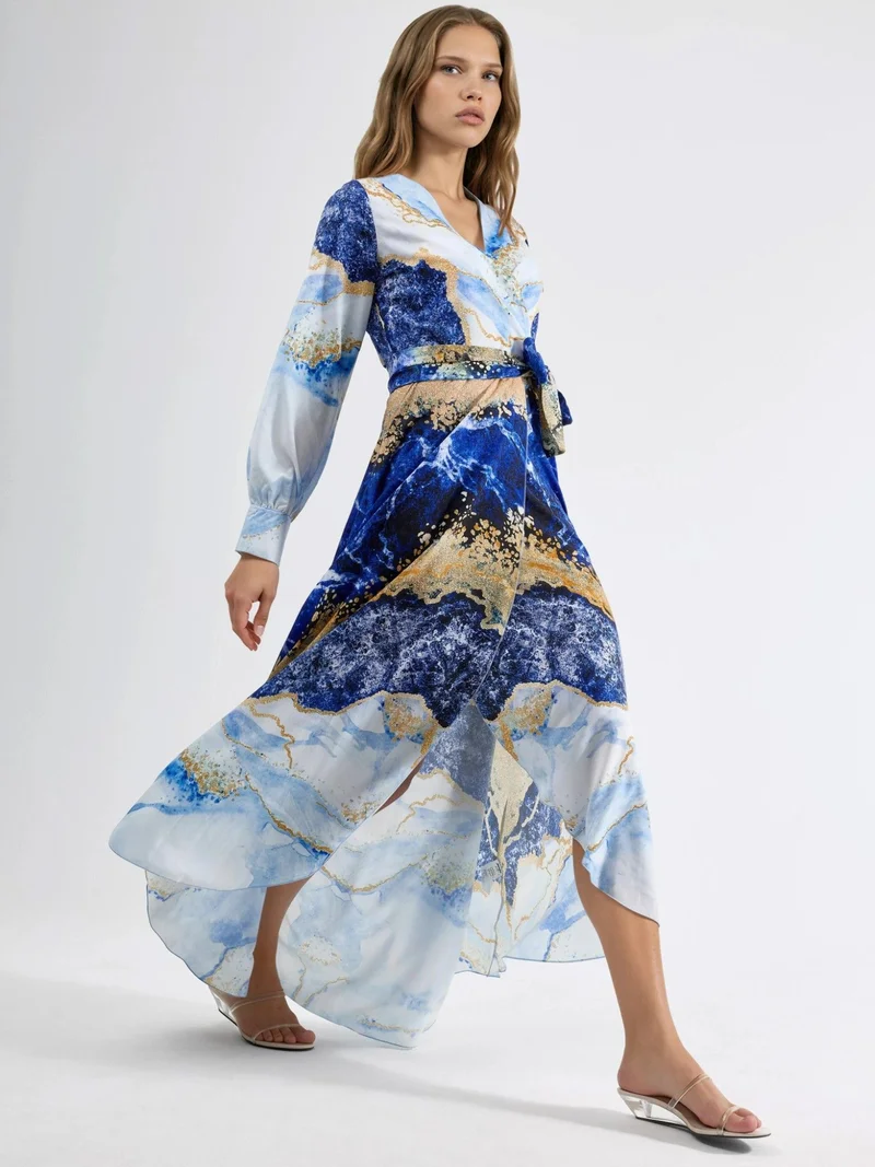 جينيفر Abstract Print Long Sleeve Maxi Dress with Tie Detail