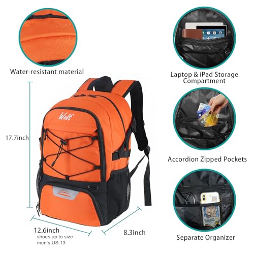 WOLT | Basketball Backpack Large Sports Bag with Separate Ball Holder & Shoes Compartment, Best for Basketball, Soccer, Volleyball, Swim, Gym, Travel (Orange) - Image 2