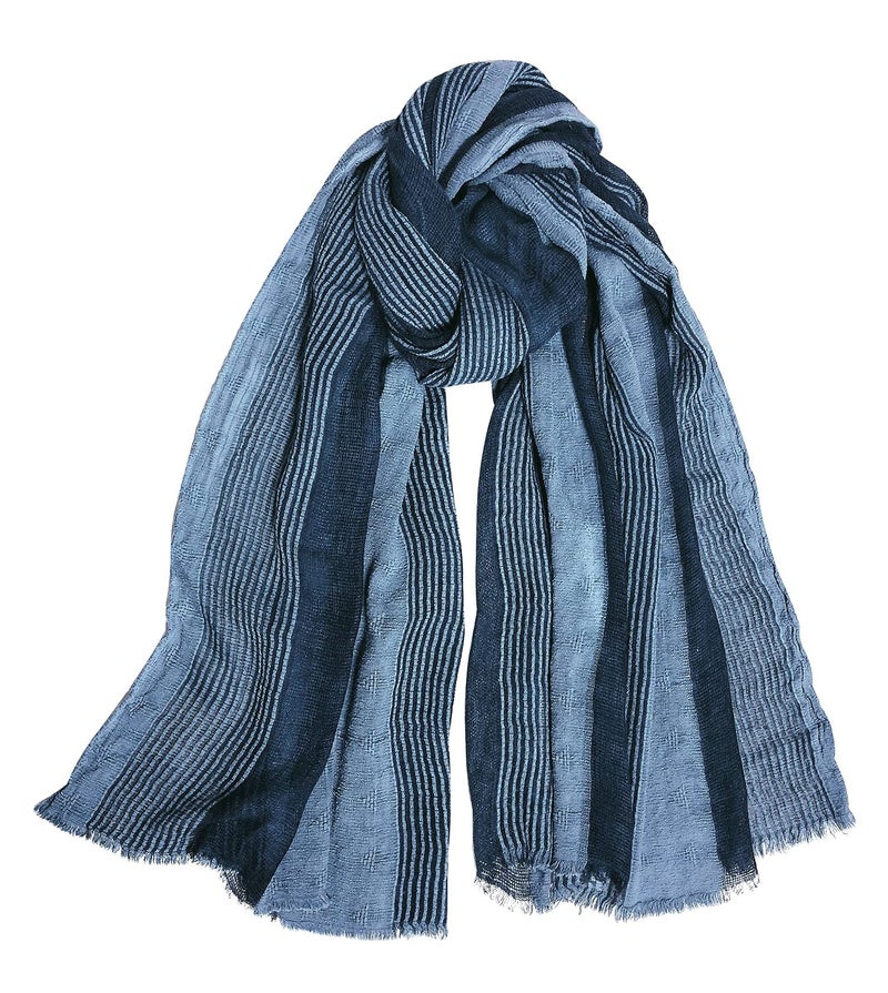 GERINLY Cotton-Linen Scarves Mens Stripe Crinkle Long Scarf European Neck Wrap Bufanda de Hombres Fashion (Blue) - Image 1