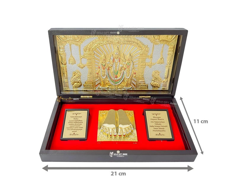 GoldGiftIdeas 24K Gold Plated Subrahmanya Swamy Photo Frame with Charan Paduka Box Lord Murugan Kartikeya Idol for Home Diwali Return Gift - Image 4