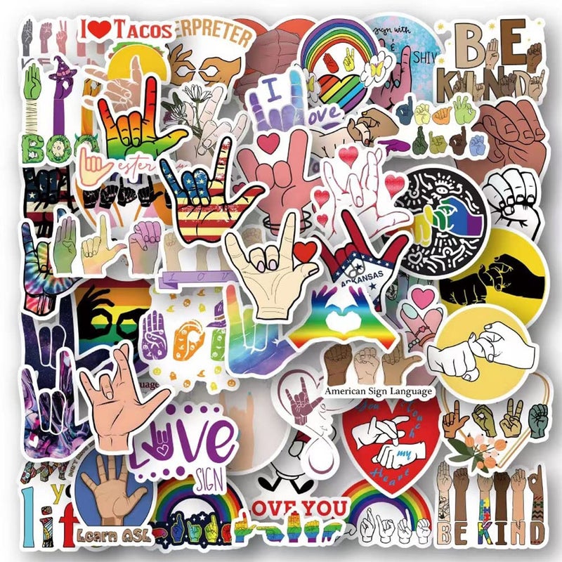 ASL Stickers 50Pcs American Sign Language Waterproof Vinyl Decals for Water Bottles Laptop Luggage Cup Computer Mobile Phone Skateboard Dcor