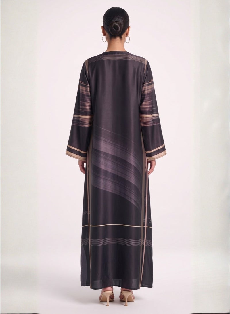 Next Abaya Abstract Striped Silk Open Abaya Black and Tan Linear Print Kimono - Image 3