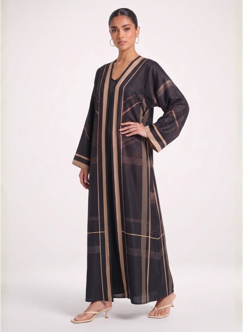 Next Abaya Abstract Striped Silk Open Abaya Black and Tan Linear Print Kimono - Image 2
