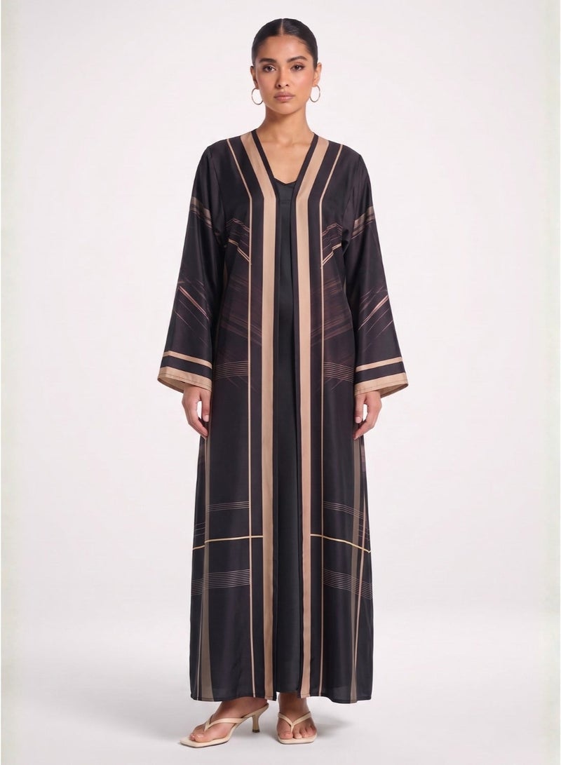 Next Abaya Abstract Striped Silk Open Abaya Black and Tan Linear Print Kimono - Image 1