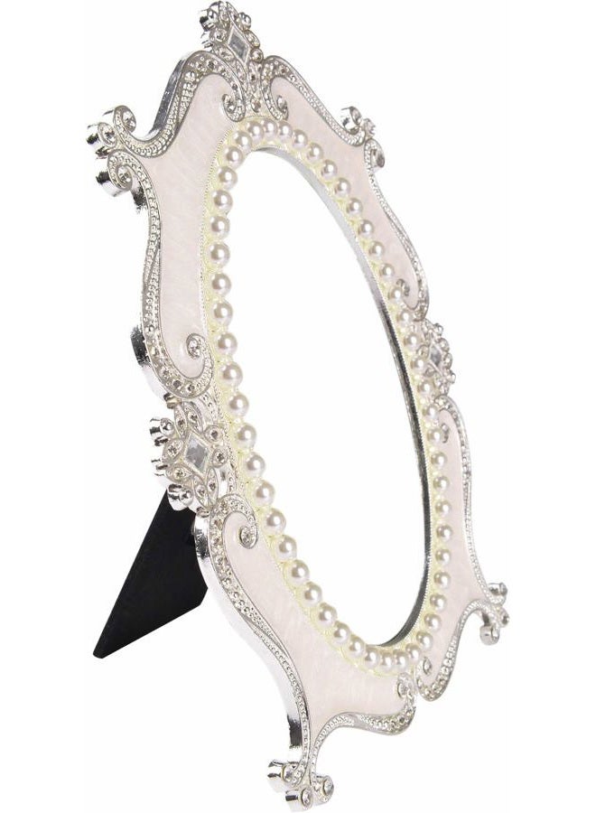 Nerien Decorative Tabletop Oval Mirror Vintage Metal Desktop Mirror with Stand Pearl Floral Frame Makeup Mirror Retro Cosmetic Mirror Countertop Dressing Mirror for Home, Bedroom Decor White-S - Image 3