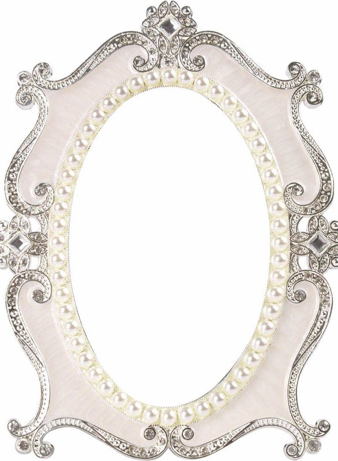 Nerien Decorative Tabletop Oval Mirror Vintage Metal Desktop Mirror with Stand Pearl Floral Frame Makeup Mirror Retro Cosmetic Mirror Countertop Dressing Mirror for Home, Bedroom Decor White-S - Image 1