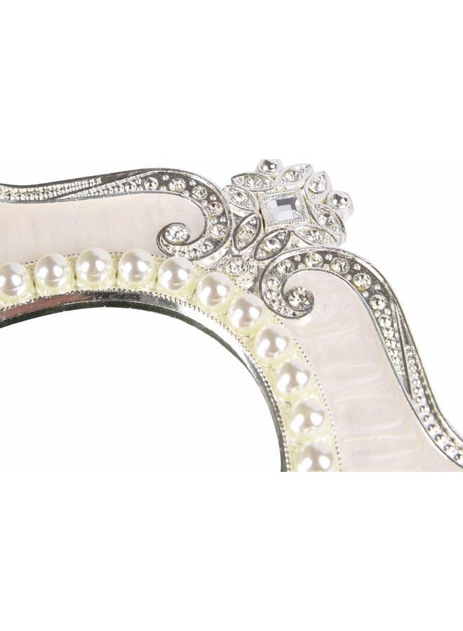 Nerien Decorative Tabletop Oval Mirror Vintage Metal Desktop Mirror with Stand Pearl Floral Frame Makeup Mirror Retro Cosmetic Mirror Countertop Dressing Mirror for Home, Bedroom Decor White-S - Image 5