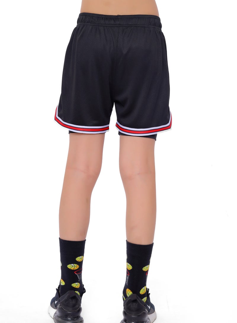 ANJA Girls' Black and Red Double-Layer Basketball Shorts – Breathable Fabric - Image 2