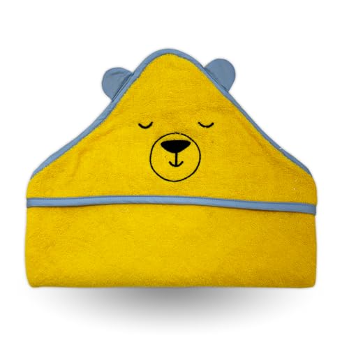 Kridlo 100% Cotton Terry Baby Hooded Towel for Newborn, Super Soft & Absorbent GSM-550 Bath Towel, 70x70cm, 0-2 Years (Pack of 1, Yellow Bear) - Image 1