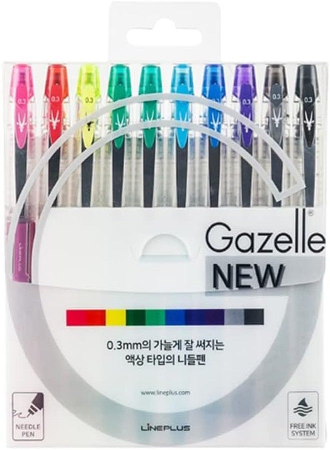 Lineplus Gazelle Fineliner Drawing Gel Pen 0.3mm Needle Tip Set 10 Assorted - Image 1
