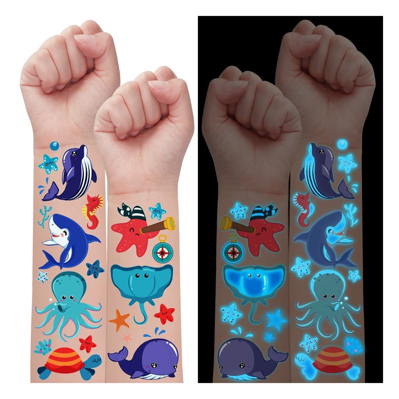 Partywind Luminous Blue Under Sea Temporary Tattoos for Kids  170 Styles Glow Ocean Beach Pool Birthday Party Decorations Supplies Favors  Fake Tattoo Stickers for Kids (12 Sheets) - Image 1